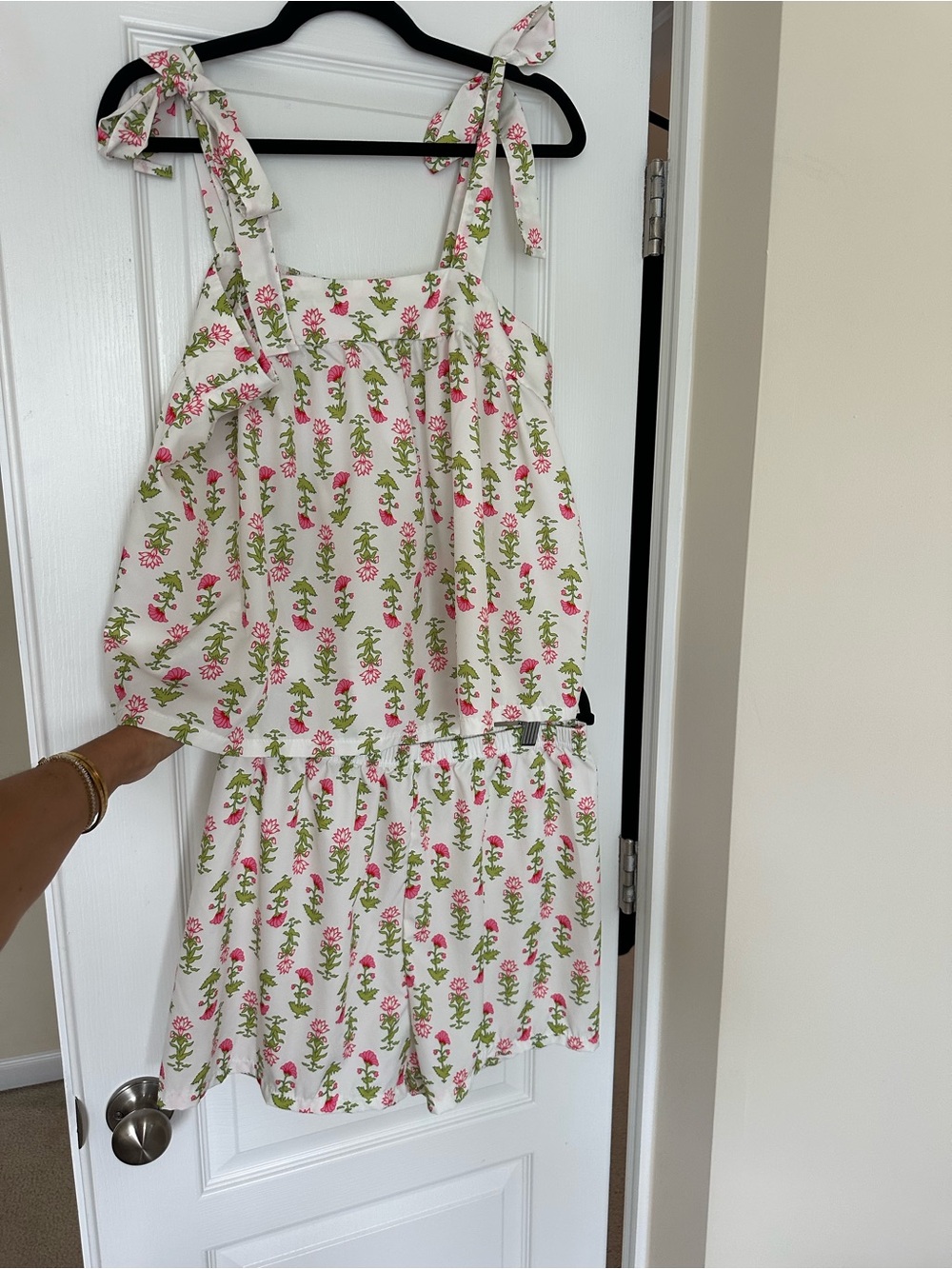 Floral Smocked Tie Shoulder Pajama Set